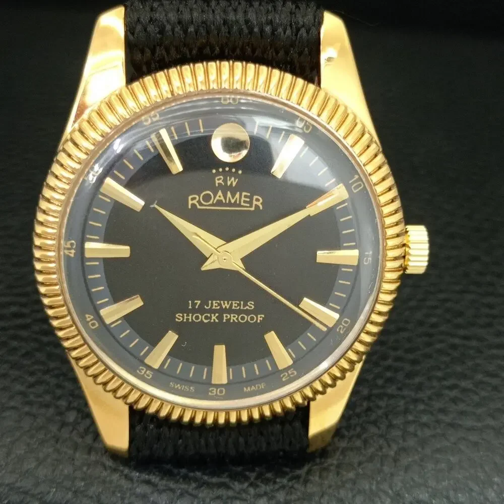 Vintage 1991 Roamer Manual Mens Gold Watch W/Nato Strap & Black accents